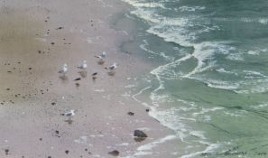 NEIL S HOPKINS watercolour - gulls on a beach, entitled 'The Waters Edge', signed and dated 2004, 11