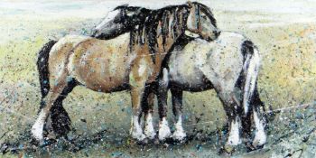 CARYS BRYN oil on canvas - two standing ponies, entitled verso 'I'll Scratch Your Back if You