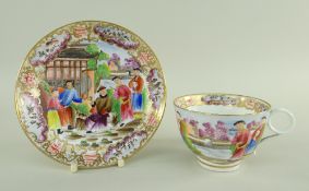 A SWANSEA PORCELAIN CHINOISERIE MANDARIN CUP & SAUCER the cup with ring and scroll handle,