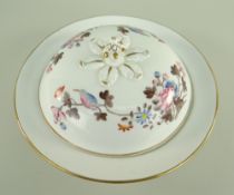 A SWANSEA PORCELAIN MUFFIN DISH & COVER of circular form with flared rim in the Kingfisher