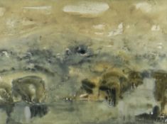 GWILYM PRICHARD watercolour - misty landscape with body of water and distant hills, signed, 32 x