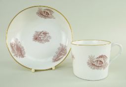 PROBABLY ENGLISH PORCELAIN COFFEE CUP & SAUCER circa 1810, bat printed with shells on seaweed in