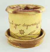 A RARE EWENNY POTTERY FLOWER POT & SAUCER-STAND mustard glaze with sgraffito trailing branch of