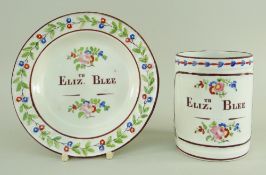 A SWANSEA CAMBRIAN MOULDED DOCUMENTARY MUG & SAUCER FOR ELIZABETH BLEE circa 1820, the mug of