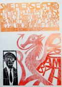 PAUL PETER PIECH limited edition (12/25) three colour linocut poster - with image of red dragon