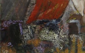 GWILYM PRICHARD mixed media on paper - old buildings with iron roof, entitled verso 'Adfail (Ruin)',