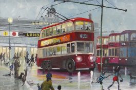 NICK HOLLY oil on canvas - nostalgic view of Cardiff town-centre with 1960s trolley-buses and