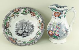 AN YNYSMEUDWY POTTERY 'FOUNTAIN' TOILET JUG & BASIN the jug of baluster form with spreading foot,