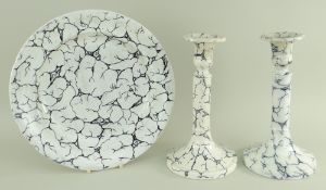 PAIR OF RARE SWANSEA CAMBRIAN POTTERY CANDLESTICKS & PLATE circular based of columnar form, in