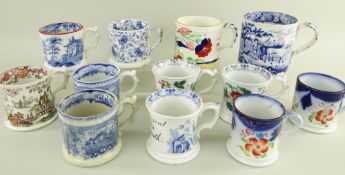 TWELVE 19TH CENTURY SWANSEA POTTERY MUGS including two 'frog mugs' with climbing yellow glazed frogs