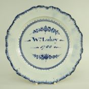 A GEORGE III SWANSEA POTTERY PEARLWARE DOCUMENTARY PLATE silver shaped with blue edge feathered rim,