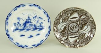 TWO SWANSEA CAMBRIAN PLATES being a dessert plate transfer decorated with shells in sepia within