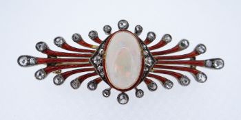 ART DECO OPAL & DIAMOND SET ENAMELLED BROOCH the central oval cabochon opal (1.3 x 0.8cms) flanked