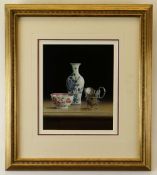 TIMOTHY GUSTARD (b. 1954) acrylic - still life of antique silver jug and porcelain entitled 'Peeping