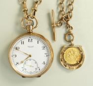 9CT GOLD OPEN FACED ROLEX POCKET WATCH engraved to inner cover 'To W. J. Samways Esq From His