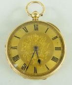 18CT GOLD OPEN FACED POCKET WATCH, key wind having Roman numeral chapter ring, heart, foliate and