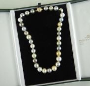 TAHITIAN SOUTH SEA PEARL NECKLACE with 18ct gold diamond set spherical ball clasp, 33 x 12-14mms