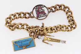 18CT GOLD CABLE LINK BRACELET with centrally mounted diamond and ruby initials 'A E' and two