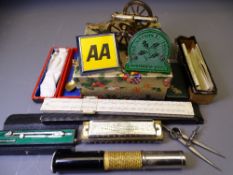 MIXED GROUP OF COLLECTABLES to include an Otis Kings pocket calculator, vintage slide rule and other
