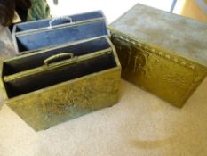 REPOUSSE BRASS LOG BOX & TWO MAGAZINE RACKS
