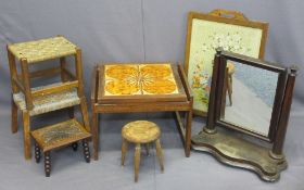 VINTAGE FURNITURE PARCEL to include firescreen with tapestry front, toilet mirror, tiled top