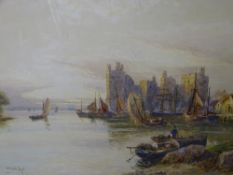 STUART LLOYD watercolour - Caernarfon Castle and Harbour with numerous boats and figures, signed, 50