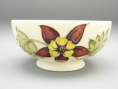 MOORCROFT COLUMBINE 16CMS D BOWL, cream ground on a circular foot (heavily crazed), 7.5cms H