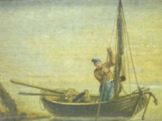 UNSIGNED OIL ON PANEL - fisherman in boat, ref verso George Morland 'Coast Scene', 11.5 x 17cms