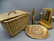 VINTAGE WALL MIRROR, lidded wicker basket with copper and brassware contents, stripped wooden