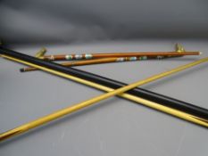 PARAGLIDE THE POT BLACK SNOOKER CUE in carry case and one other with two brass handled walking canes