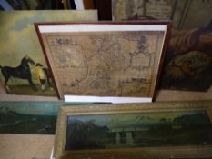 TWO PAINTED SLATE PANELS, Naive oil on canvas of a Smithy 1872 with other pictures and prints