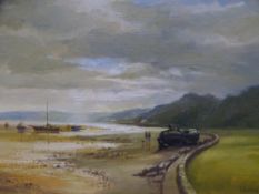 DAVID WESTON oil on board - peaceful seascape, Red Wharf Bay with boats and figures, signed, 24 x