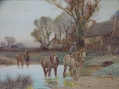 ALBERT HASELGRAVE watercolour - fine pastoral scene of a farmstead with distant church and four