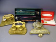 COLOURFUL & SWIRL GLASS DIP PENS and three desk top brass ink stands, the dip pens presented with