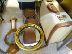 REGENCY STYLE BOBBLE CONVEX MIRROR, oak cake stand, vintage suitcase and a banjo wall barometer