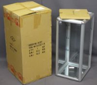 SATIN ALUMINIUM, CHROME & GLASS COUNTER TOP DISPLAY CABINET with locking door and three interior