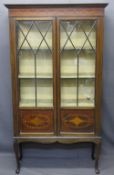 EDWARDIAN INLAID CHINA DISPLAY CABINET having twin glazed doors with inlaid lower panel detail,