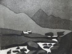PAUL GREER artist's proof linocut - moody scene Llanberis Pass, signed, 25 x 30cms