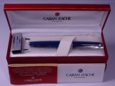 SAPPHIRE BLUE CARAN D'ACHE LEMAN FOUNTAIN PEN - rhodium plated trim and 18-carat gold, rhodium-
