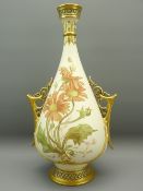 LARGE ROYAL WORCESTER TWIN-HANDLE VASE with raised floral decoration on cream ground, gilt