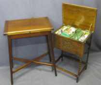 EDWARDIAN MAHOGANY FOLD OVER CARD TABLE and a vintage oak sewing box and contents on barley twist