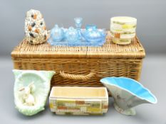 SYLVAC RABBIT WALL POCKET and four various planters with a blue Art Deco glass part dressing table