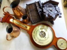 REPRODUCTION WALL BAROMETER WITH THERMOMETER, small cuckoo clock and three copper flagons ETC