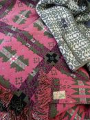 VINTAGE WELSH WOOL BLANKET with 'John Jones & Son, Bryncir' label in pink and green tones on