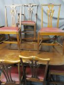 HARLEQUIN DINING SUITE of twin pedestal table with additional leaf, 76cms H, 182cms L, 91.5cms W,