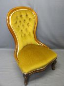 VICTORIAN MAHOGANY BUTTON BACK UPHOLSTERED SPOON BACK SALON CHAIR, 91cms H, 60cms W, 47cms seat