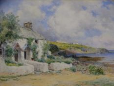 W NOEL JOHNSON watercolour - coastal cottages at Cemaes Bay, Anglesey, signed and entitled, label