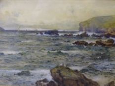JAMES HUGHES CLAYTON watercolour - coastal rough seas with distant yachts, 33 x 65cms