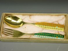 ANTON MICHELSEN STYLISH DANISH SILVER, gilt and enamel fork and spoon set, designed by Rolf