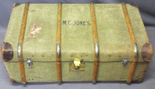 VINTAGE WOODEN BANDED TRAVEL TRUNK with brass lock and clasp, named to the top 'M C Jones', 33cms H,